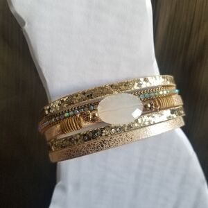 Elegant Gold Faux Leather Multi-Layered Bracelet Magnet Snap Closure EUC